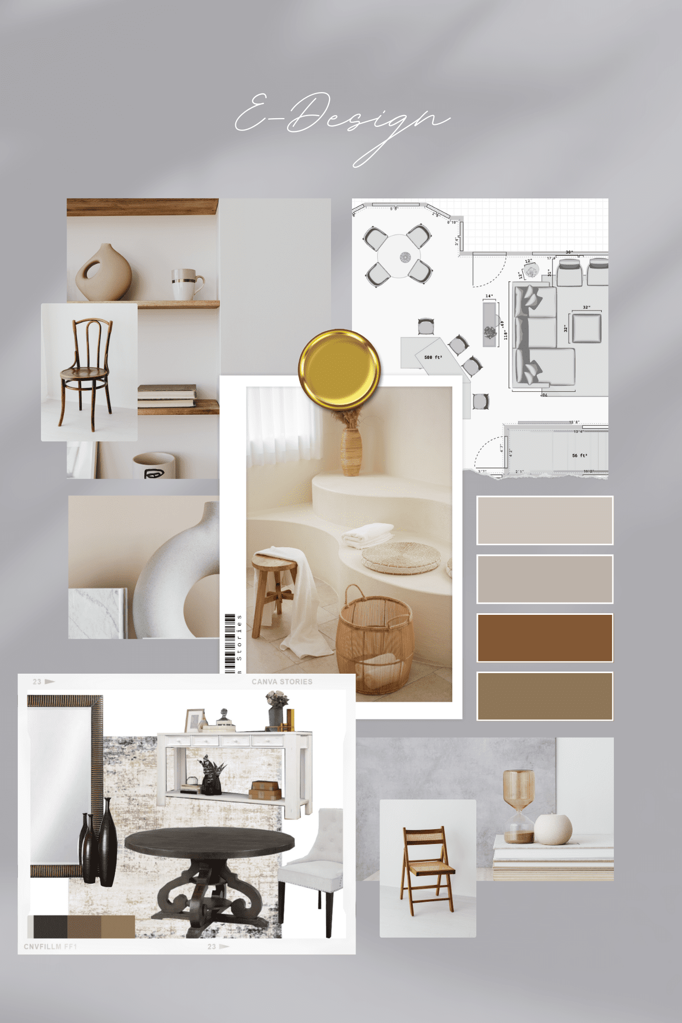 A neutral-toned interior design mood board featuring furniture layouts, color swatches, and decor inspiration.