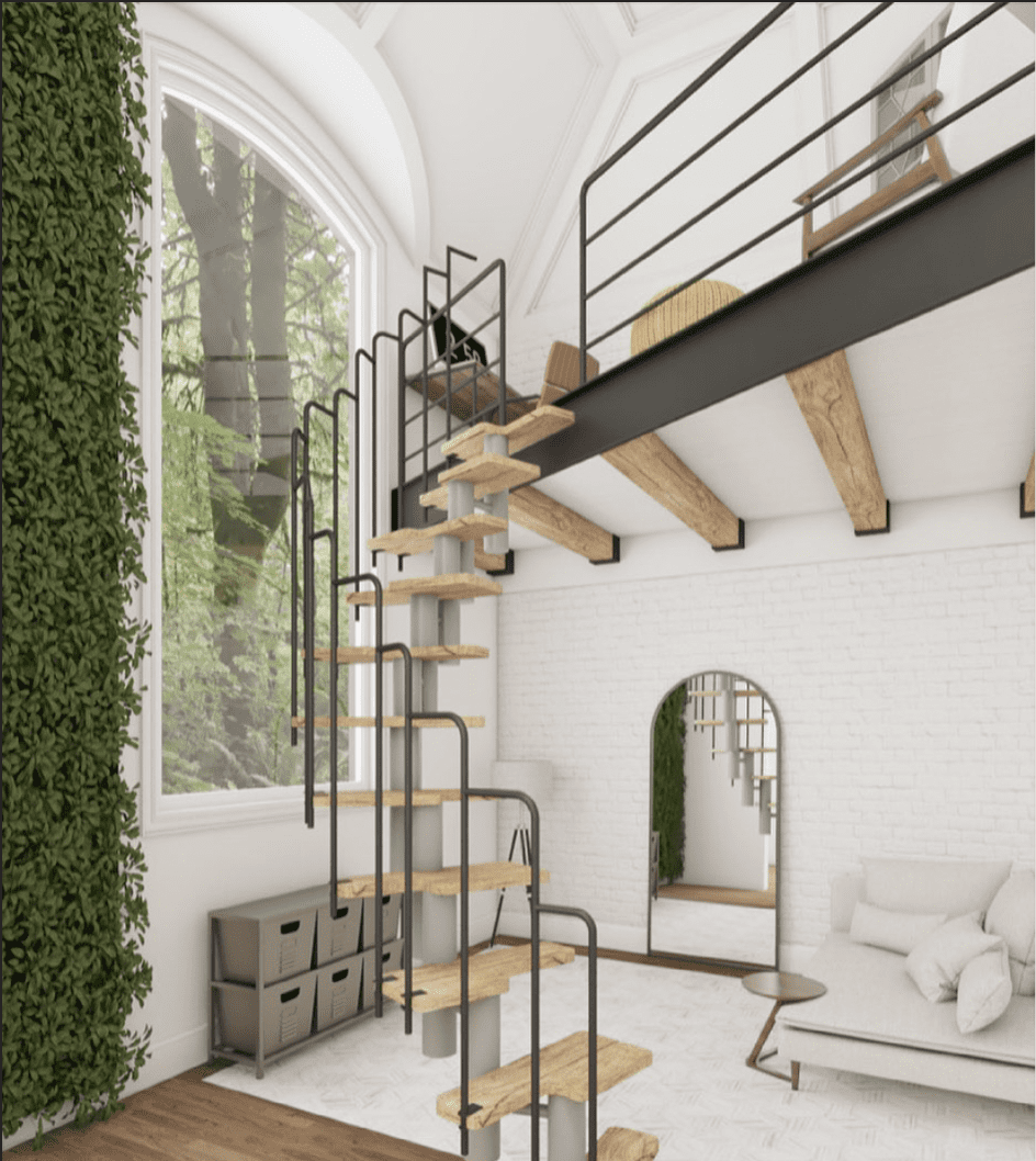 Modern interior with spiral staircase, living area, and vertical garden.